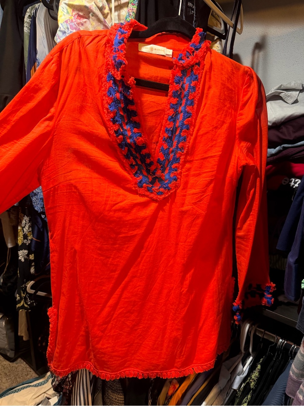 Tory Burch Bright Red V-Neck Tunic with Blue Trim